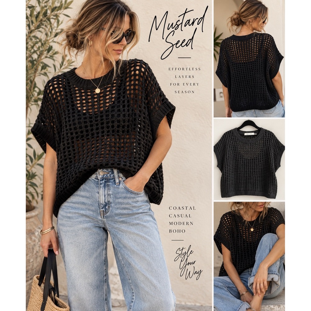 Mustard Seed Black Open Knit Crochet Sweater Top Oversized Coastal Boho M
